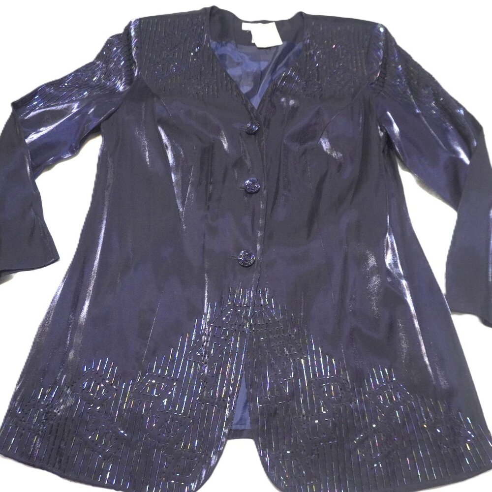NWT Justin Taylor Iridescent Blue Beaded Satin Jacket and Midi Skirt Set 16W